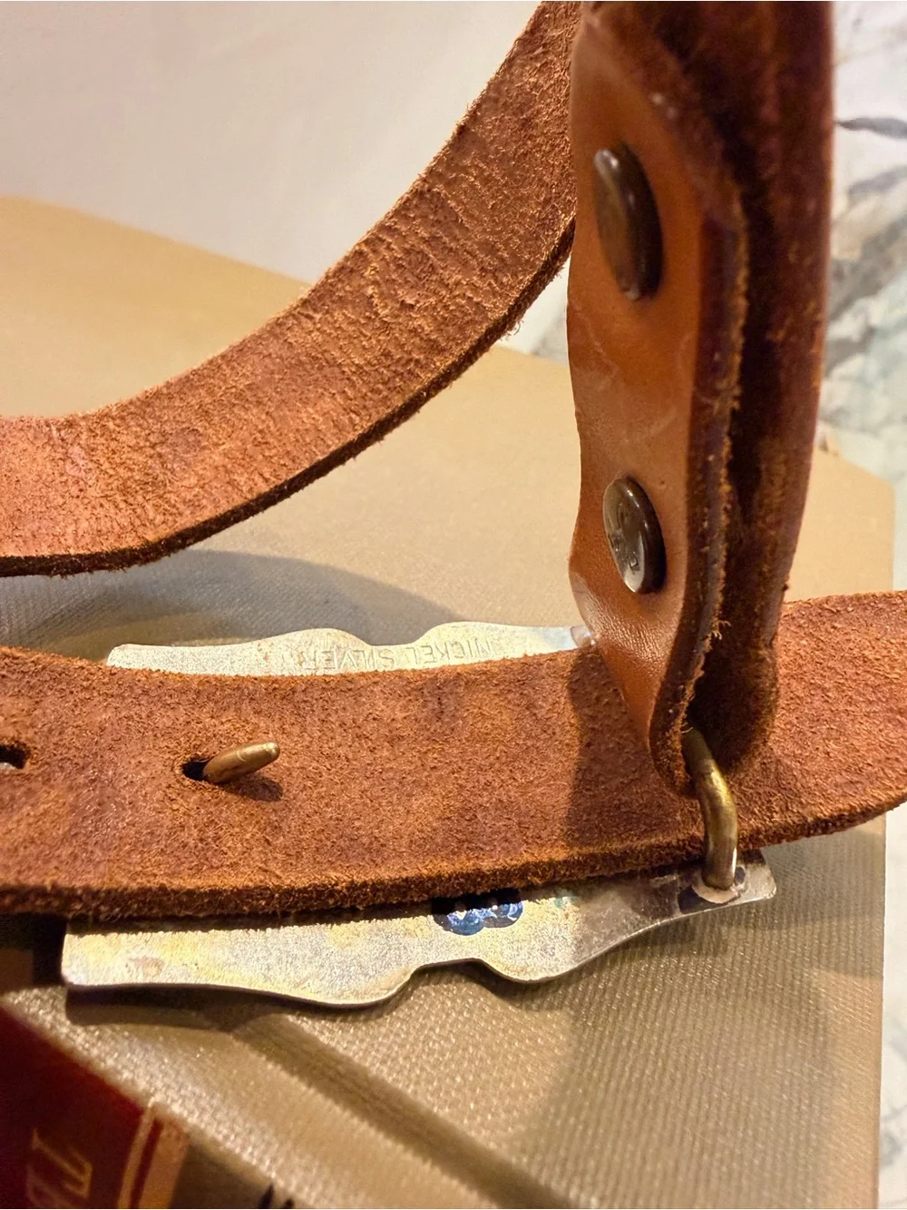 Vintage Justin Western Tooled Leather Belt Horse Buckle Size 26 USA